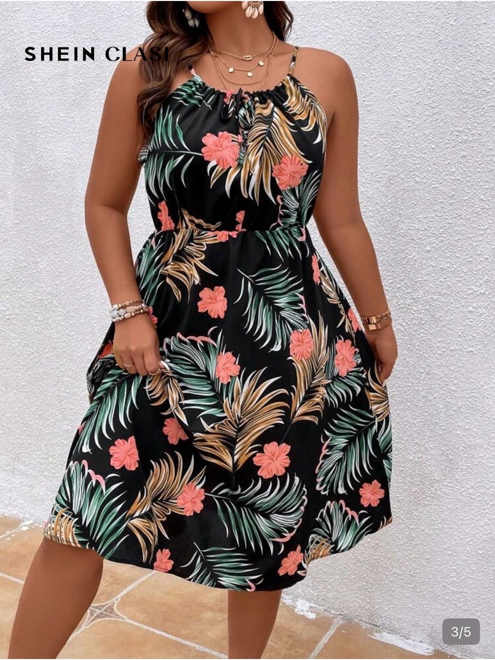 SHEIN Curve Black Midi Dress with Pink Floral & Green Palm Print